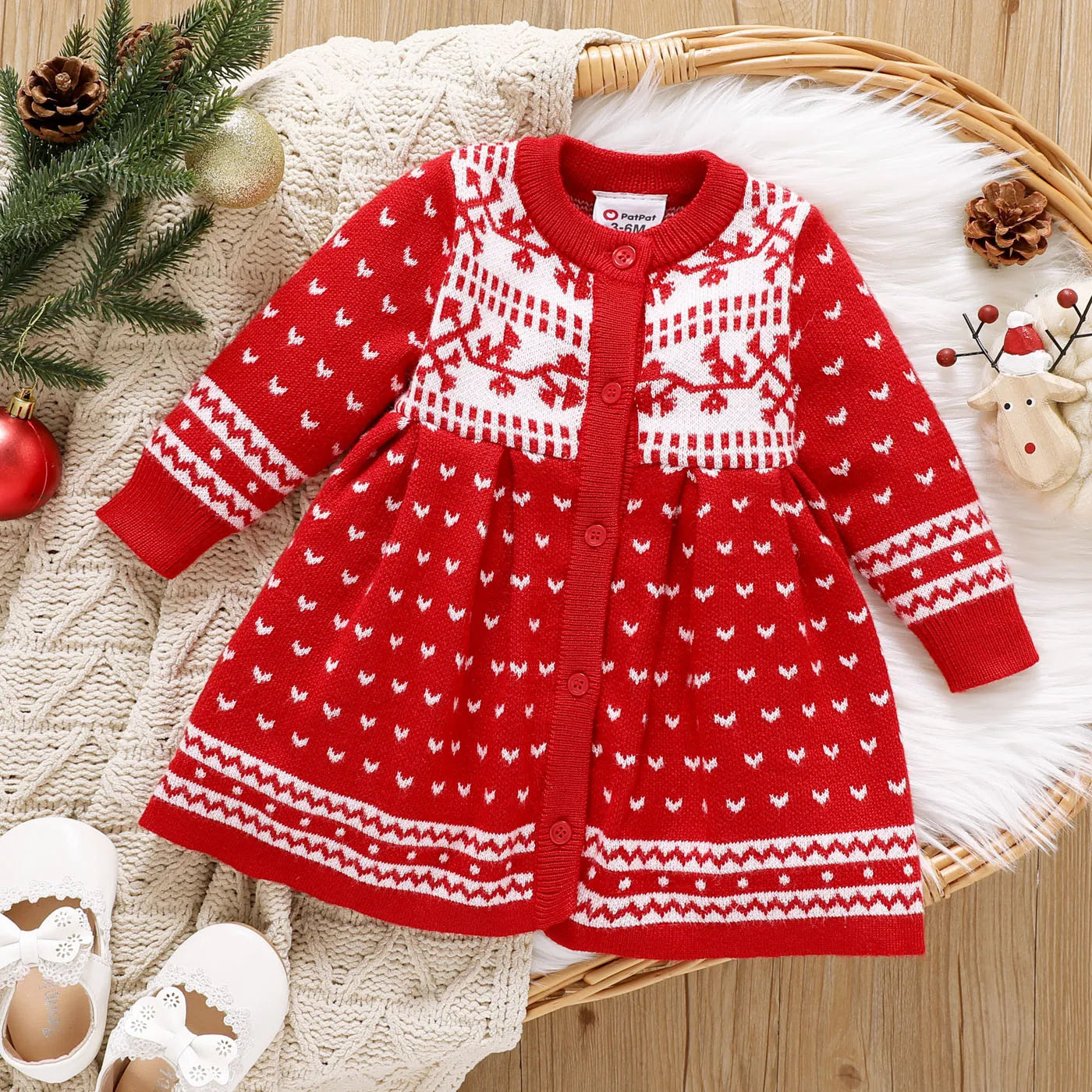 Red Long-sleeve Button Knitted Sweater Dress