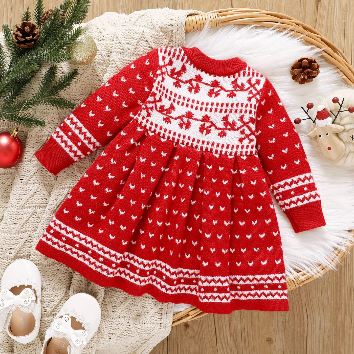 Red Long-sleeve Button Knitted Sweater Dress